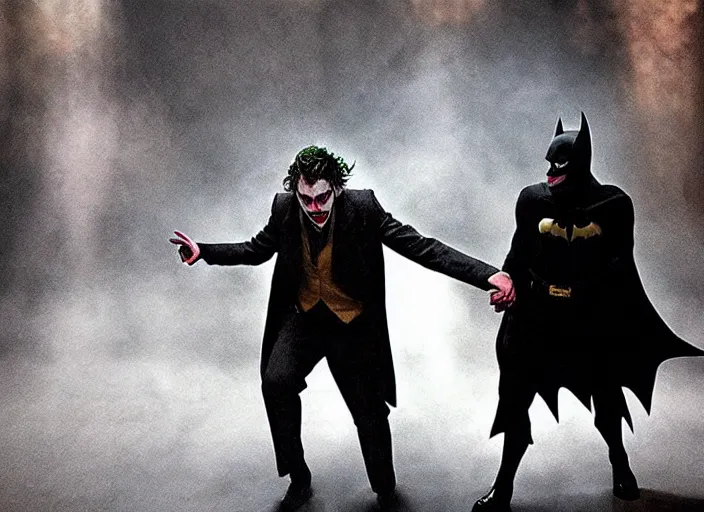 Image similar to Batman and Joker dance together，atmospheric lighting, masterpiece, award winning painting by Emmanuel Lubezki