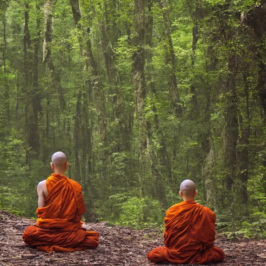 Image similar to a technobudist monk with a high-tech headset meditating in a forest