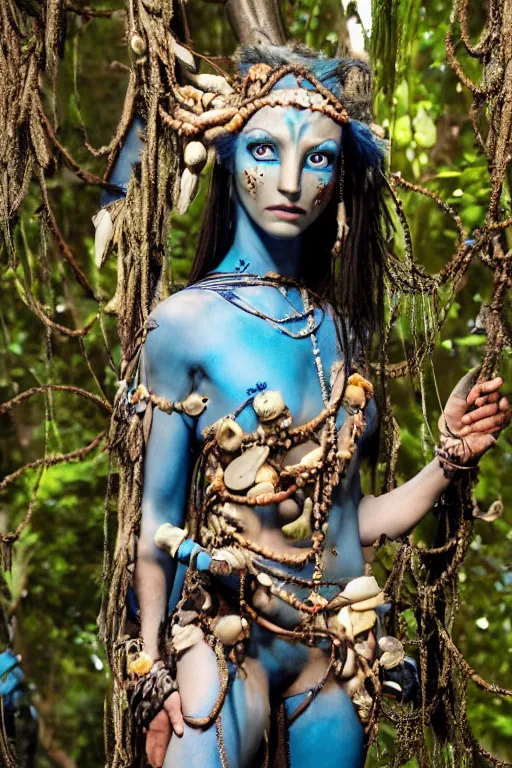 Prompt: a blue - skinned female navi from avatar wearing an elaborate outfit made out of shells wrapped in barbed wire suspended in the air between two trees, cosplay, body paint, high resolution film still, hdr color, movie by james cameron