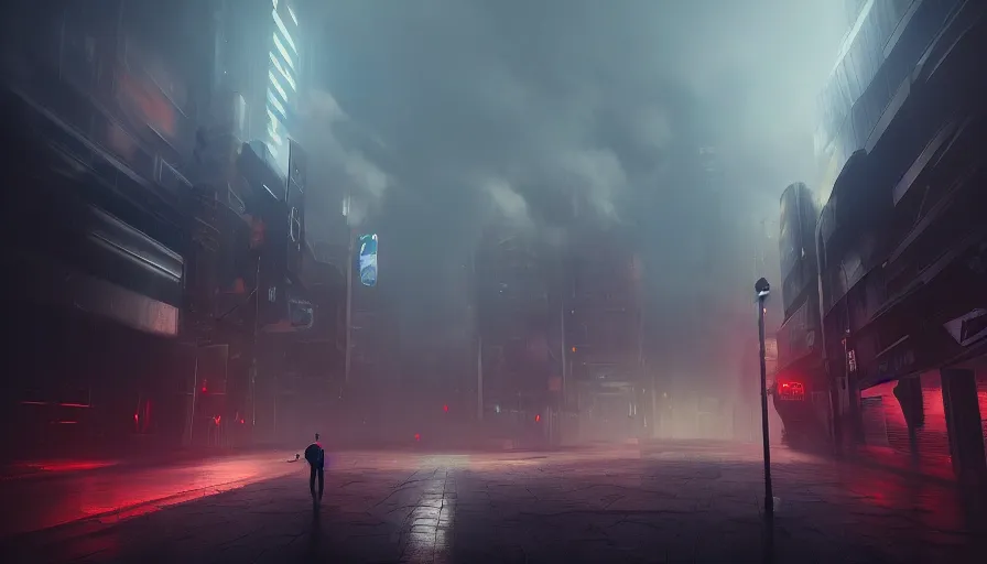 Image similar to man falling through clouds over a dark cyberpunk city, digital art, volumetric lighting, dystopia, artstation, concept art, painting