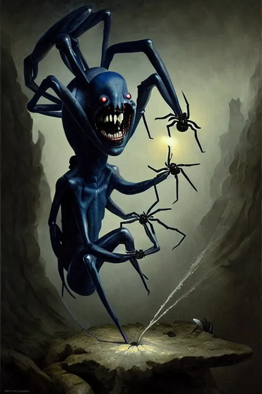 Image similar to hieronymus bosch, greg rutkowski, anna podedworna, painting of a dark blue skinned elf screaming as it transforms into a spider demon