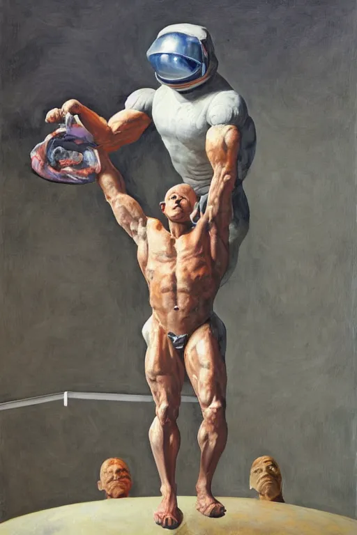 Image similar to bodybuilder in an astronaut helmet lifts a statue of a horse, highly detailed painting by francis bacon, edward hopper, adrian ghenie, gerhard richter, and james jean soft light 4 k,