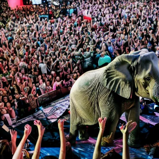 Prompt: an elephant lying on the side while crowd surfing, concert photo