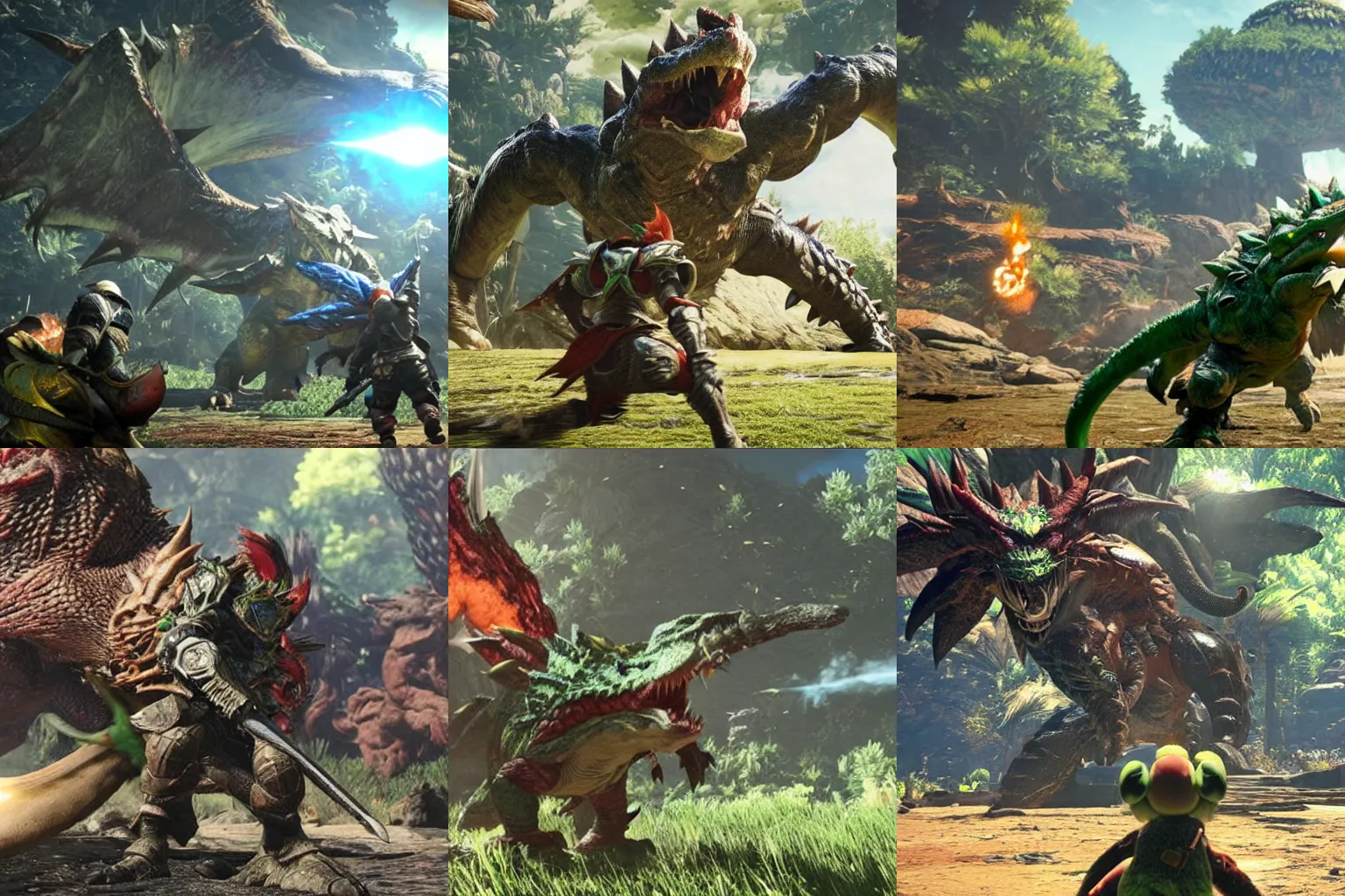 Prompt: screeshot of Yoshi as a powerful boss in Monster Hunter World (2018)