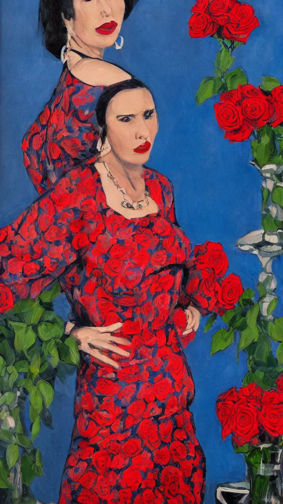 Prompt: portrait of rebekah delrio in lynch pattern dress beside of a big persian detailed pot of red roses, blue and red lights, mulholland drive, painted by egon sheile