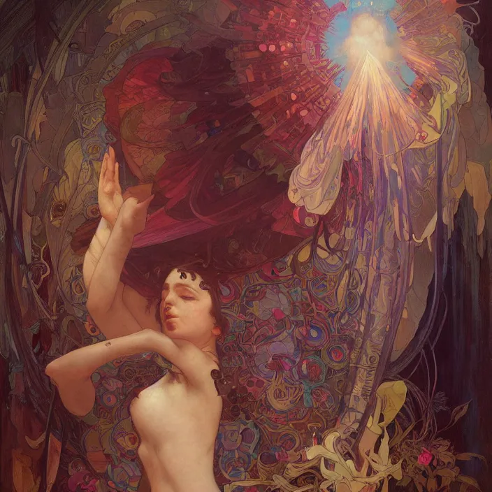 Image similar to A beautiful painting of disco elysium by Ross Tran!!! and alphonse mucha and greg rutkowski! and Gustave Doré!! and Zdzisław Beksiński!,In style of Impressionism.Symmetry.Highly detailed face.Fantasy,smooth,hyper detailed,sharp focus,Soft light.trending on artstation.oil on canvas