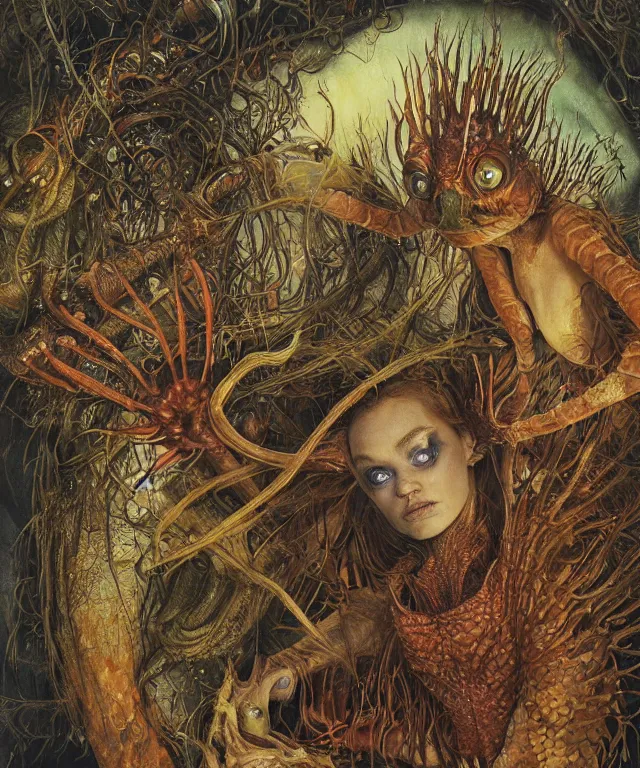 Prompt: portrait photograph of a fierce sadie sink as an alien harpy queen with slimy amphibian skin. she is trying on evil bulbous slimy organic membrane fetish fashion and transforming into a fiery succubus amphibian villian lobster. by donato giancola, walton ford, ernst haeckel, brian froud, hr giger. 8 k, cgsociety