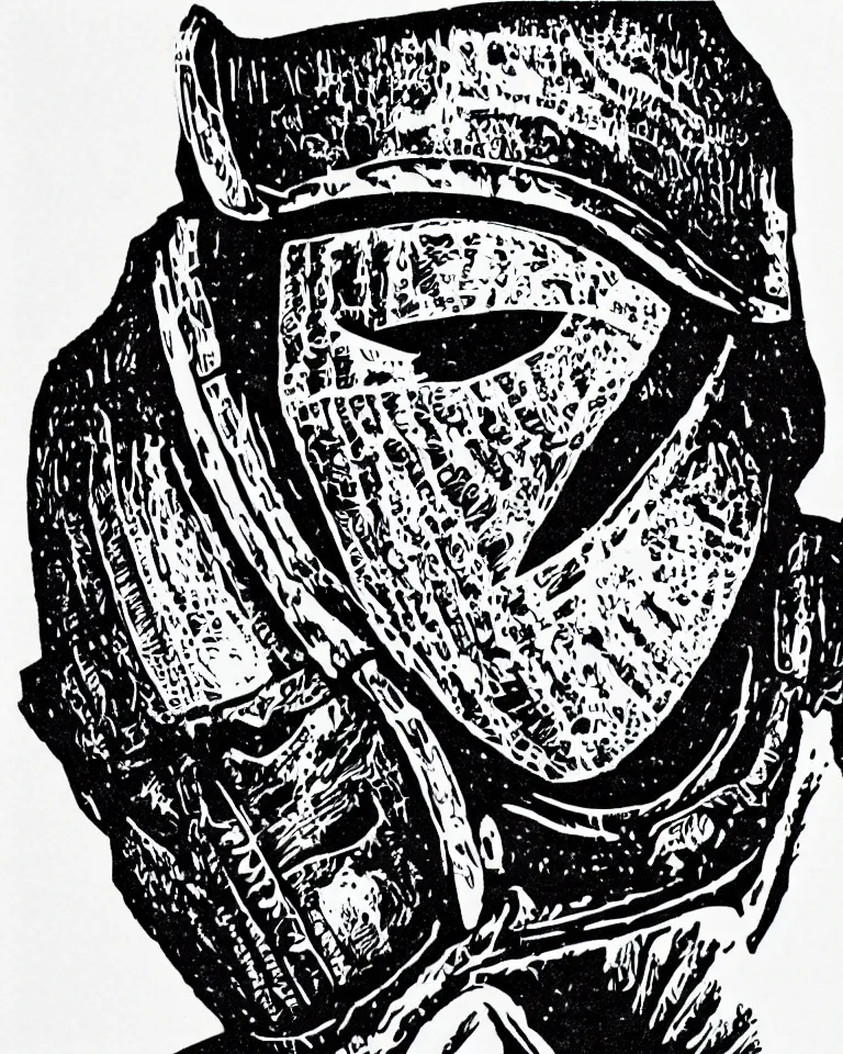 Image similar to a detailed lifelike linocut engraving of mf doom