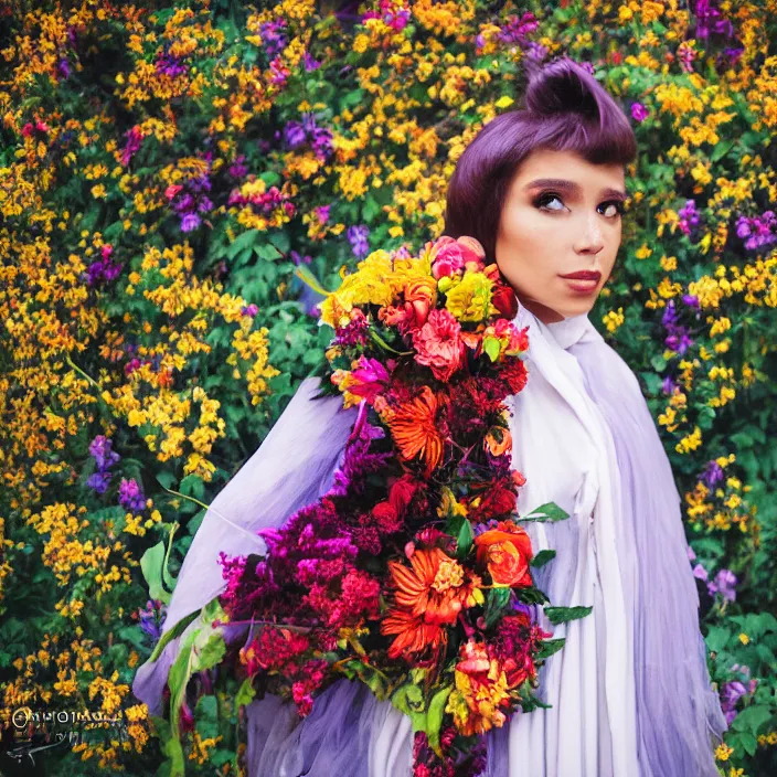 Image similar to a beauty alien wearing a cloak made of flowers, by Omar Z. Robles, CANON Eos C300, ƒ1.8, 35mm, 8K, medium-format print