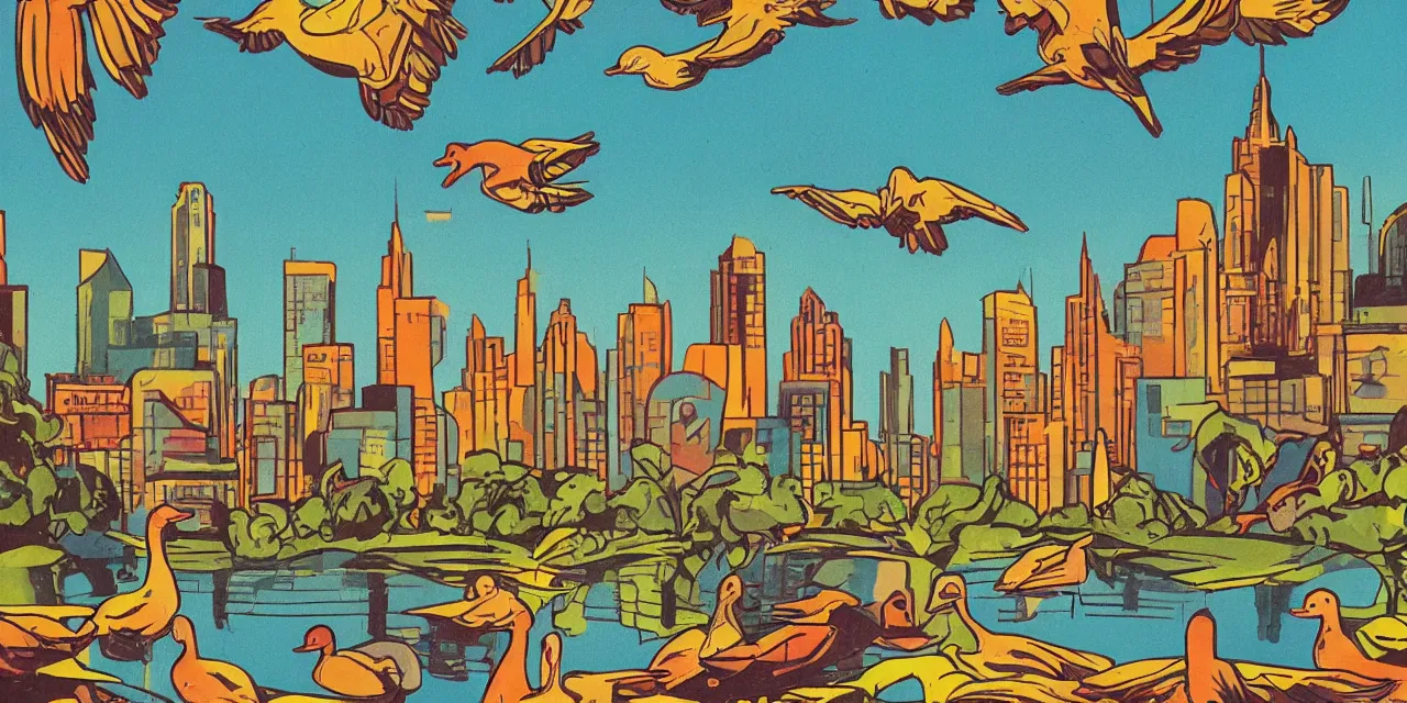 Image similar to comic book style, art deco era, landscape, city, park, ducks