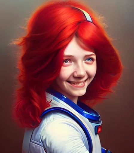 Prompt: astronaut girl with vibrant red hair with astronaut helmet, hourglass slim figure, blue eyes, dungeons and dragons portrait, lovely smile, highly detailed, digital painting, artstation, concept art, sharp focus, illustration, art by artgerm and greg rutkowski and alphonse mucha