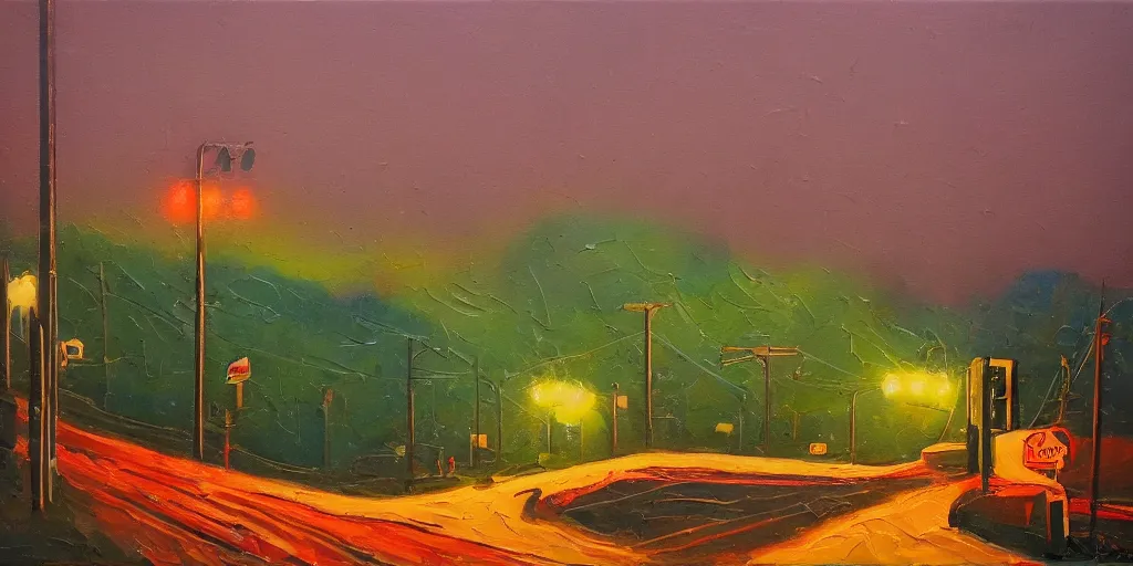 Image similar to impasto landscape, globs of paint, twin peaks washington, pike place, north bend, foggy, lonely!!! quiet, glowing green and red street lights, railroad crossing