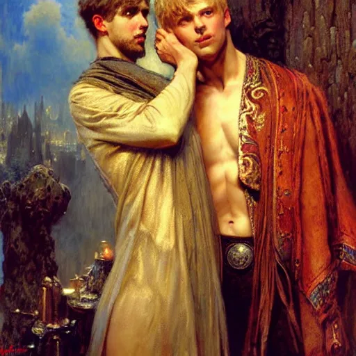 Image similar to stunning arthur pendragon in love with stunning male merlin the mage. they are close to each other. highly detailed painting by gaston bussiere, craig mullins, j. c. leyendecker