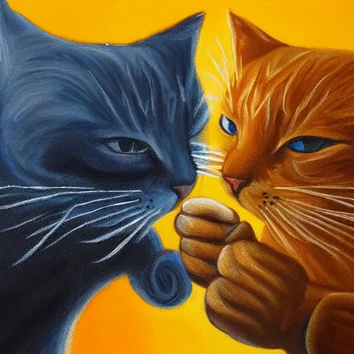 Image similar to a painting of two cats fist bumping each other, there is an explosion behind them