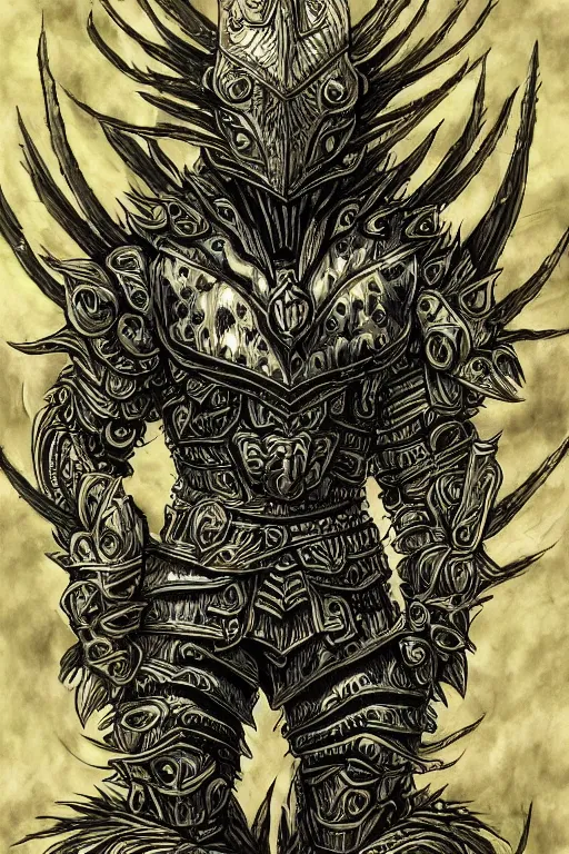 Image similar to armoured warrior thistle monster, symmetrical, highly detailed, digital art, thistle themed armour, sharp focus, trending on art station, kentaro miura manga art style