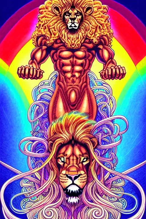 Image similar to illustration of a buff humanoid lion with prismatic healing waves emanating all around, rainbows, spirals, fractal, intricate linework, in the style of moebius, ayami kojima, 1 9 9 0's anime, retro fantasy