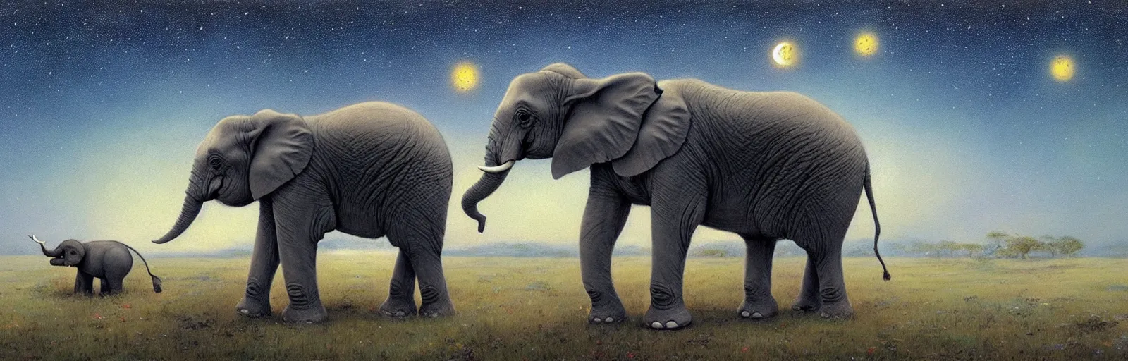 Image similar to a baby elephant sleeping soundly under a starry sky surrounded by savannah, illustration, detailed, smooth, soft, warm, by Adolf Lachman, Shaun Tan, Surrealism