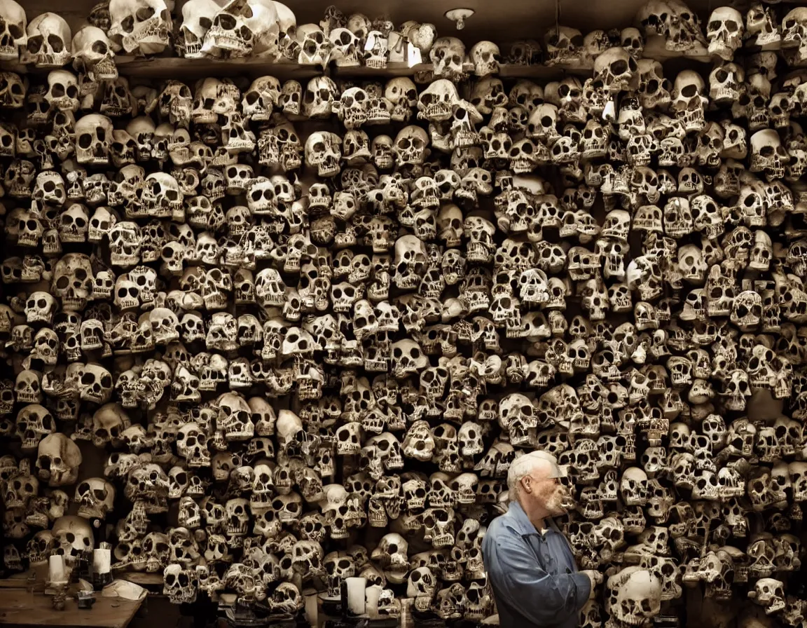 Image similar to mad scientist hunched over a table in his laboratory, surrounded by dozens of shelves of skulls, all different sizes and shapes. Eerie lighting, photographic, cinematic, dramatic, establishing shot