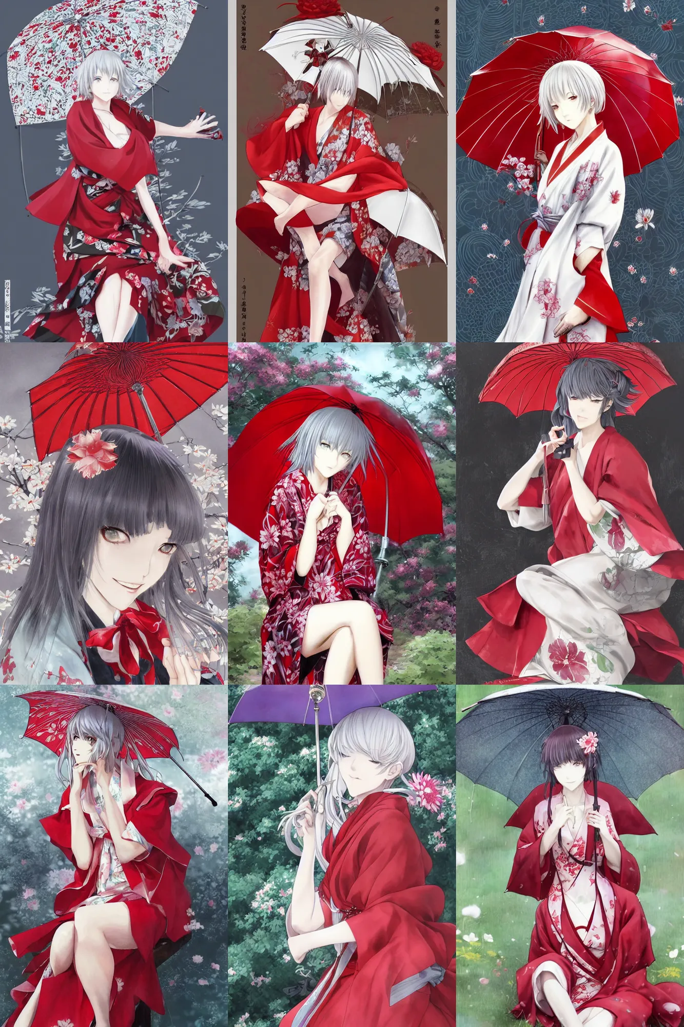 Prompt: beautiful girl, silver hair, smile, red umbrella, red kimono with flower patterns, sitting, detailed, looking to camera, full body shot, ilustration by Takehiko Inoue ((and Krenz Cushart))