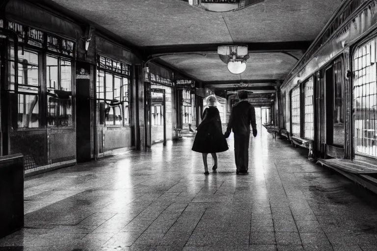 Prompt: couple in a glamorous old train station by Roger Deakins