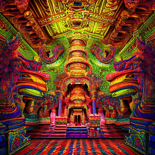 Image similar to Photorealistic inside a temple made of snakes. Hyperdetailed photorealism, 108 megapixels, amazing depth, glowing rich colors, powerful imagery, psychedelic Overtones