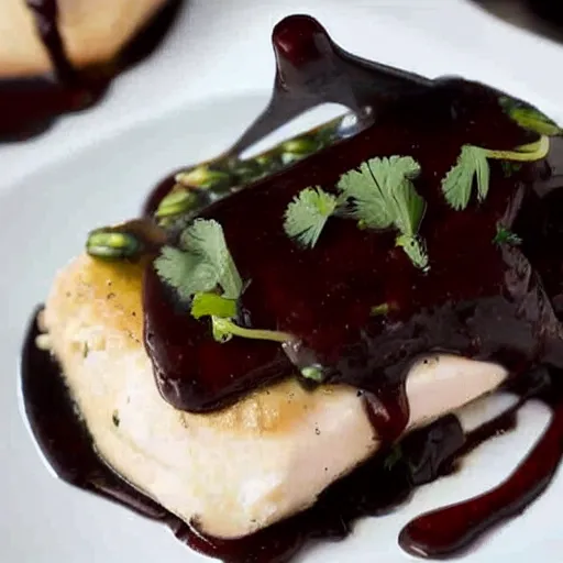 Image similar to photograph of Chicken Piccata from Cheesecake Factory made with chocolate sauce and whipped cream