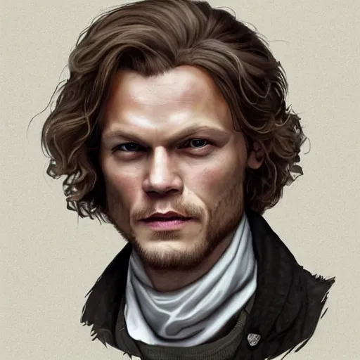 Image similar to Sam Heughan as Jamie Fraser, caricature portrait exaggerated by Sebastian Krüger and Bruno Tesse trending on artstation, hyperdetailed, perfect composition. Scotland background