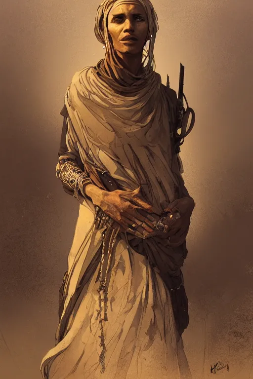 Prompt: a full body portrait of a beautiful post apocalyptic offworld desert bedouin blind beggar by the city gates, intricate, elegant, highly detailed, digital painting, artstation, concept art, smooth, sharp focus, illustration, art by krenz cushart and artem demura and alphonse mucha