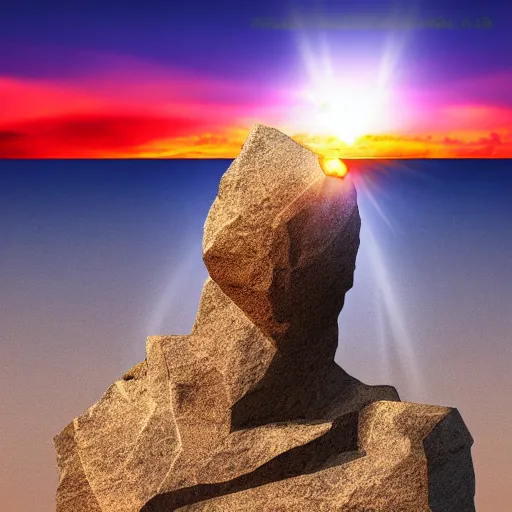 Image similar to cracked stone statue of λ symbol, epic sunset in the background, highly detailed digital art