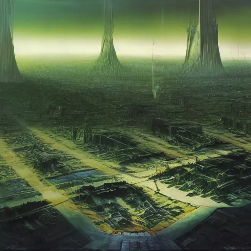 Image similar to future forest city attacked by spaceship, trees, plant, broken buildings, doom of the gods, monster, gravity mess, star trek, glory war, photograph, by arthur haas and bruce pennington and john schoenherr, cinematic matte painting, zaha hadid building, photo realism, dark moody color palate, blue hour stars, desolate glacial landscape,