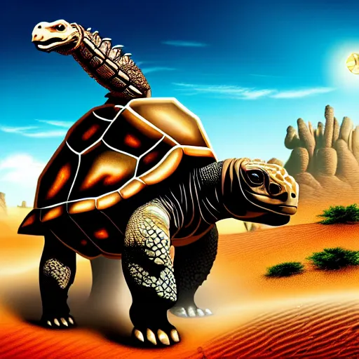 Image similar to Large Fantasy City riding on the back of a Giant tortoise stomping through the hot sunny desert, High detail, Dungeons and Dragons, Focus on giant tortoise, 4k