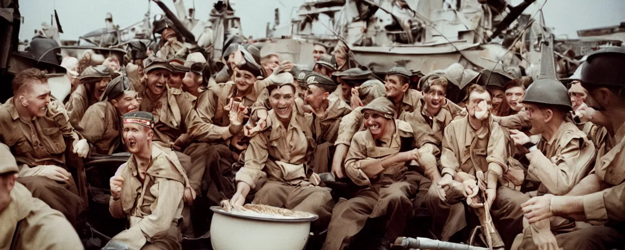 Prompt: sailors celebrating ve day with giant bowls of spaghetti, world war 2, canon 5 0 mm, high detailed face, facial expression, cinematic lighting, photography, retro, film, kodachrome