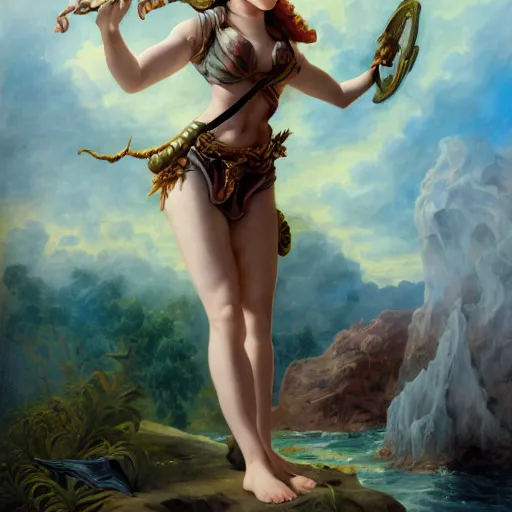 Image similar to A fantasy comic book style portrait painting of Emma Stone, as an Atlantean Reptilian Warrior, François Boucher, Oil Painting, Mystical Valkyrie, unreal 5, DAZ, hyperrealistic, octane render, Regal, Refined, Detailed Digital Art, RPG portrait, William-Adolphe Bouguereau, Michael Cheval, Walt Disney (1937), Steampunk, dynamic lighting, Highly Detailed, Cinematic Lighting, Unreal Engine, 8k, HD