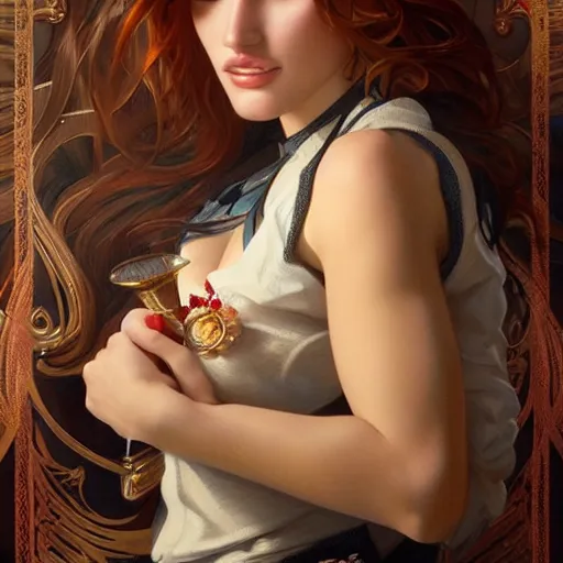 Image similar to ultra realistic illustration, bella thorne as barmaid, intricate, elegant, highly detailed, digital painting, artstation, concept art, smooth, sharp focus, illustration, art by artgerm and greg rutkowski and alphonse mucha