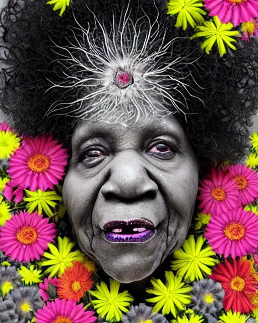 Prompt: a portrait of a beautiful fleshy old black woman who is surprised she is still alive, covered in flowers in the style of guiseppe arcimboldo and james jean, covered in wispy gray hair with a hint of neon, hd 3 d,