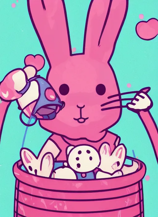 Image similar to realistic detailed semirealism anthropomorphic pink rabbit character wearing a bucket hat. Cute, kawaii, Cooky, bt21, Sanrio inspired. Rabbt_character, rabbit_bunny, 獣, iconic character splash art, Detailed fur, detailed textures, 4K high resolution quality artstyle professional artists WLOP, Aztodio, Taejune Kim, Guweiz, Pixiv, Instagram, Artstation