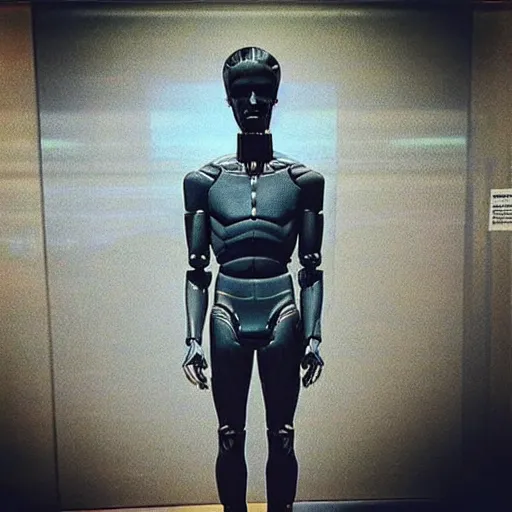 Image similar to “a realistic detailed photo of a guy who is an attractive humanoid who is half robot and half humanoid, who is a male android, actor Grant Gustin, shiny skin, posing like a statue, blank stare, at the museum, on display”