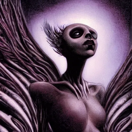 Prompt: detailed illustration of attractive sexy mysterious humanoid alien inhuman species with beautiful noseless human female face, female human torso, dark fae, black feathers instead of hair, feathers growing out of skin, huge wings growing out of arms, transformation, floating in zero gravity on starship, brian froud, tim burton, guillermo del toro, giger, science fiction