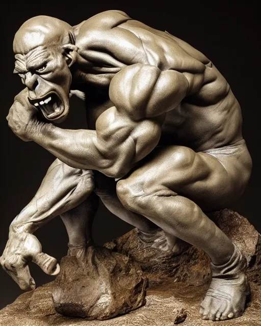 Image similar to a full figure rubber sculpture of crouching Orc, by Michelangelo, dramatic lighting, rough texture, subsurface scattering, wide angle lens