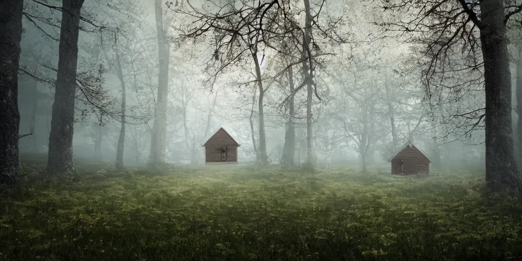 Image similar to solitary cottage in the woods and empty woods, 8k, fantasy, hyper realistic, atmospheric lighting