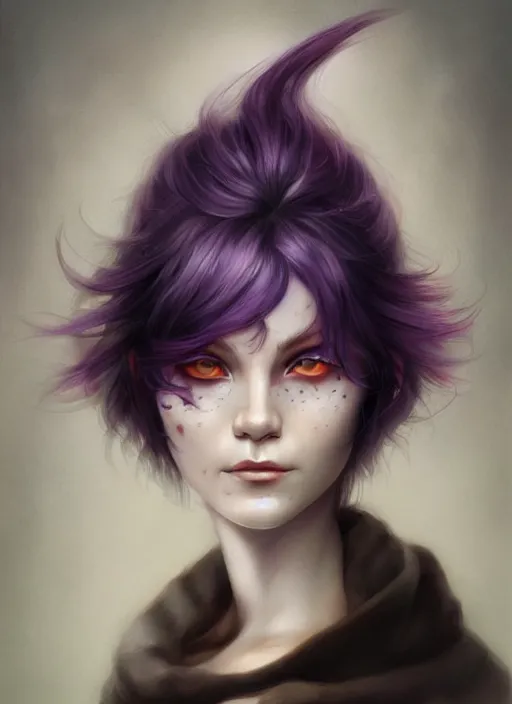 Prompt: a detailed facial portrait of a female nekomata with purple hair and orange eyes, a beautiful face, mutation, by tom bagshaw, by artgerm, by wlop, by dorian cleavenger, trending on artstation