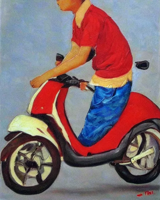 Image similar to asian school boy riding moped, aged oil painting by mai trung thu