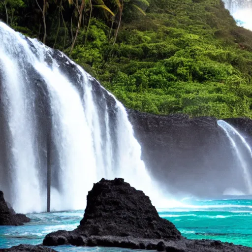 Prompt: head and shoulders shampoo bottle photo next to waterfall in hawaii