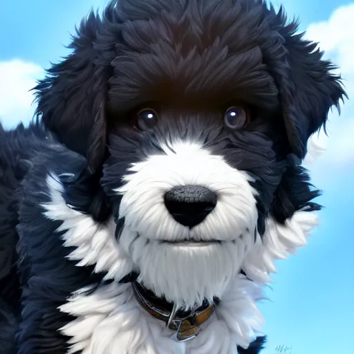 Prompt: a wholesome animation key shot of a black bernedoodle puppy, studio ghibli, sharp, rendered in unreal engine 5, anime key art by greg rutkowski, bloom, dramatic lighting