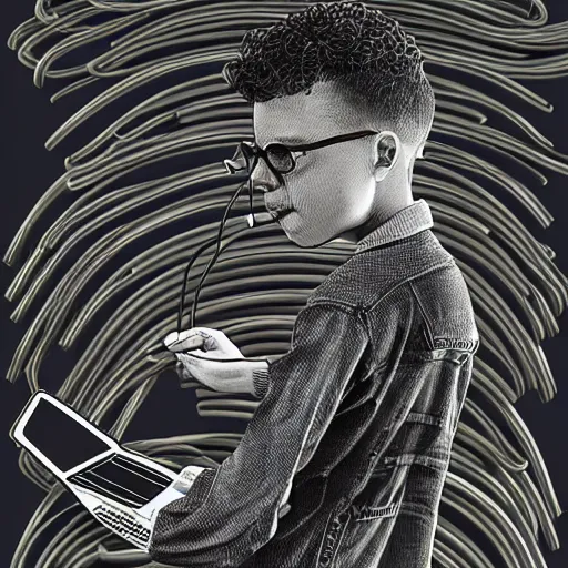 Image similar to illustration of a boy connected to his laptop with hundreds of wires, highly detailed, by butcher billy, cgsociety, mcbess, rutkowski, james jean, 8 k, photorealistic