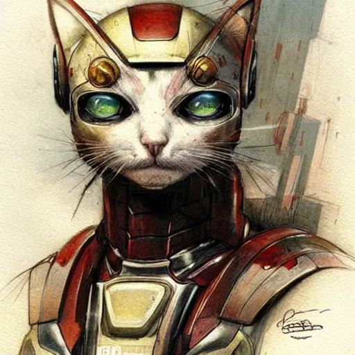 Image similar to ( ( ( ( ( cat as iron man. muted colors. ) ) ) ) ) by jean - baptiste monge!!!!!!!!!!!!!!!!!!!!!!!!!!!