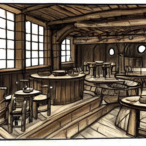 Prompt: Sketch of a medieval tavern with one floor, a counter, four round tables and a fireplace, concept art