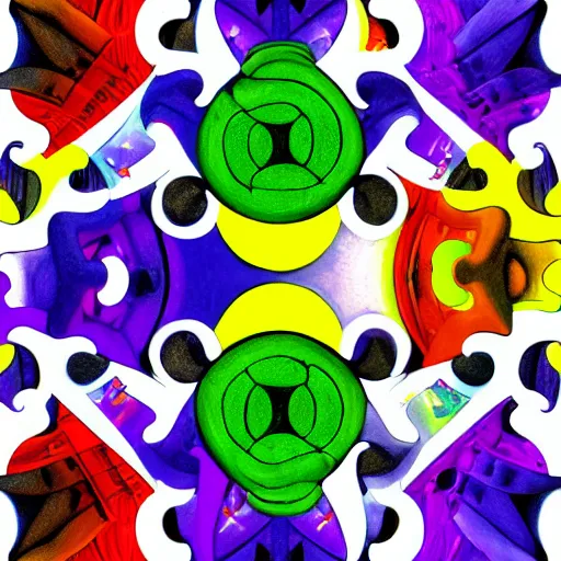 Prompt: An extremely high quality hd surrealism painting of a taoism yinyang jigsaw puzzle made of neon colours and escher figures, angels and demons, evil and good, archetypal, suffering darkness and white healing light streaming through exploded view of jigsaw pieces, 4k, 8k, ultra realistic, complex, interlocked