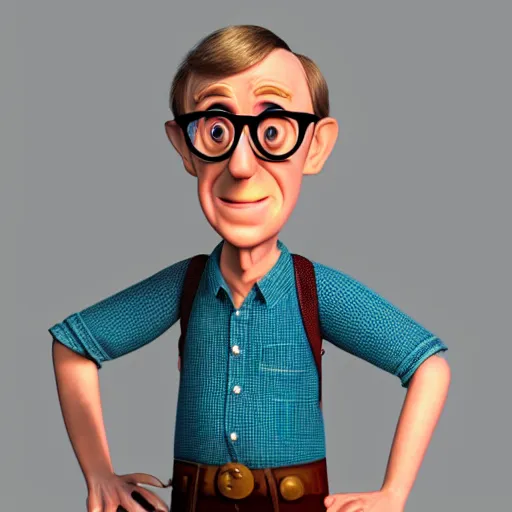 Prompt: woody allen, 3D modeling character, full view, Pixar concept art
