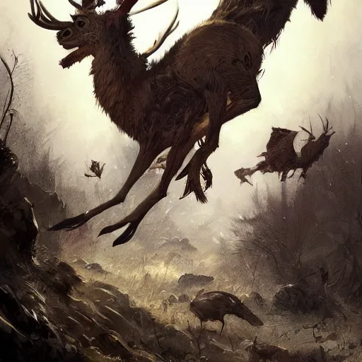 Prompt: !dream pile of dead deers and birds falling out of it, a concept art in style of Greg Rutkowski, John Singer Sargant, painted by Frank Frazetta, trending on artstation